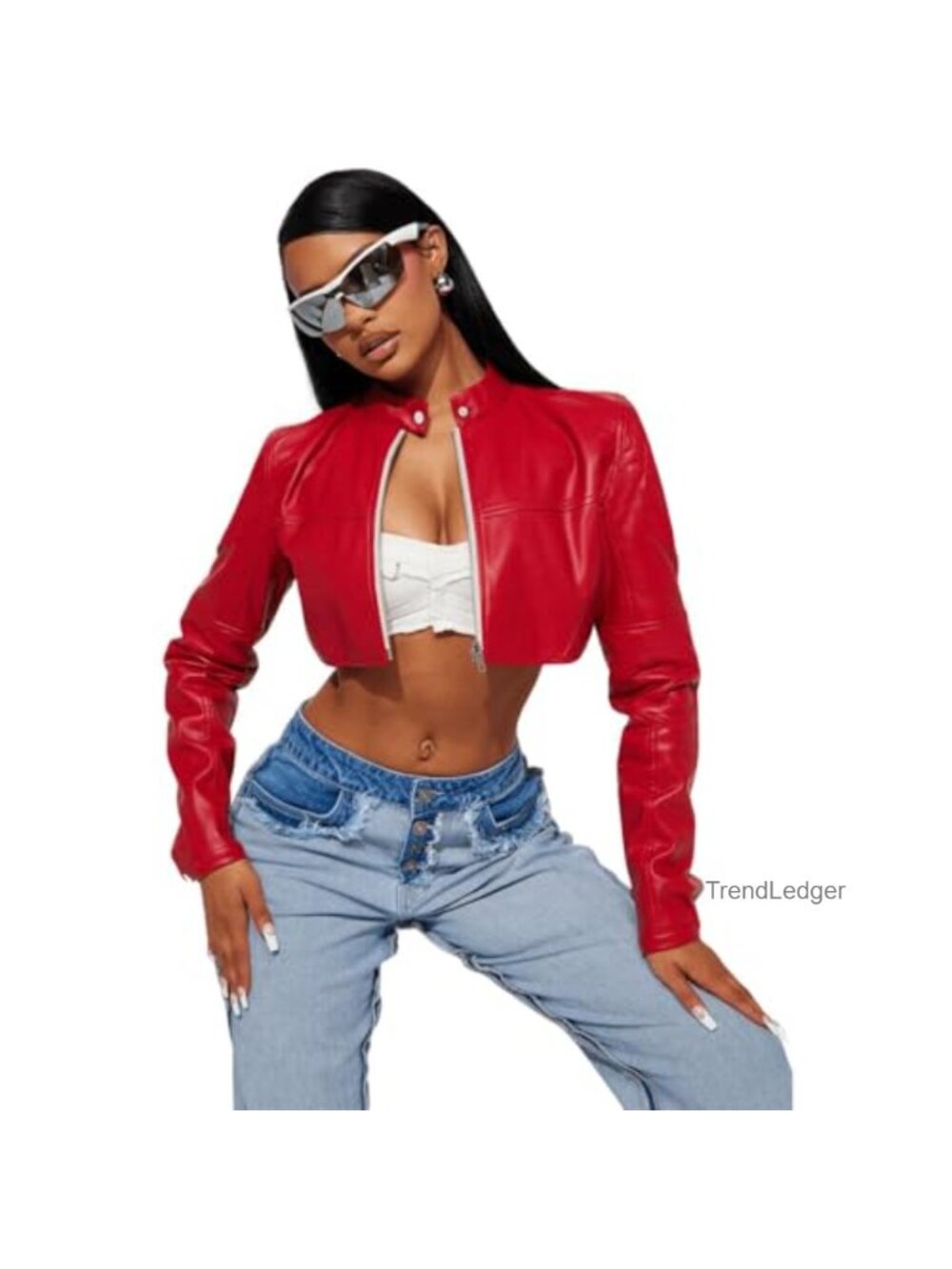 Faux Leather Cropped Moto Jacket Women Zip Bomber Slim Fit